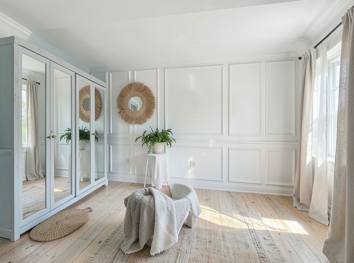 Main redesign studio: Redesign this room in a Coastal interior style: airy whites and soft-blue tones, weathered light wood, natural linen and woven textures, breezy sheer