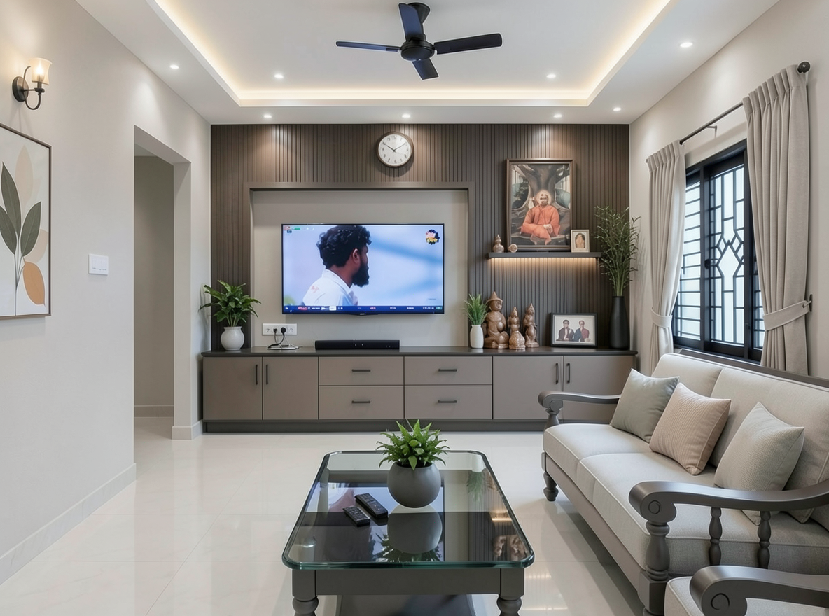 Main redesign studio: Redesign this room in a Modern interior style: clean lines, a neutral palette with bold accents, sleek low-profile furniture, glass and matte-metal su