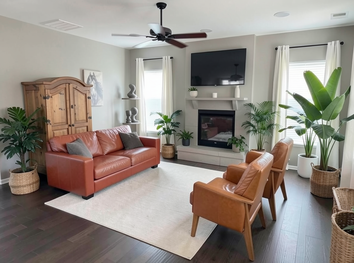 Main redesign studio: Redesign this room in a Minimalist interior style: an uncluttered space, a monochrome neutral palette, a few sculptural pieces, concealed storage, sof