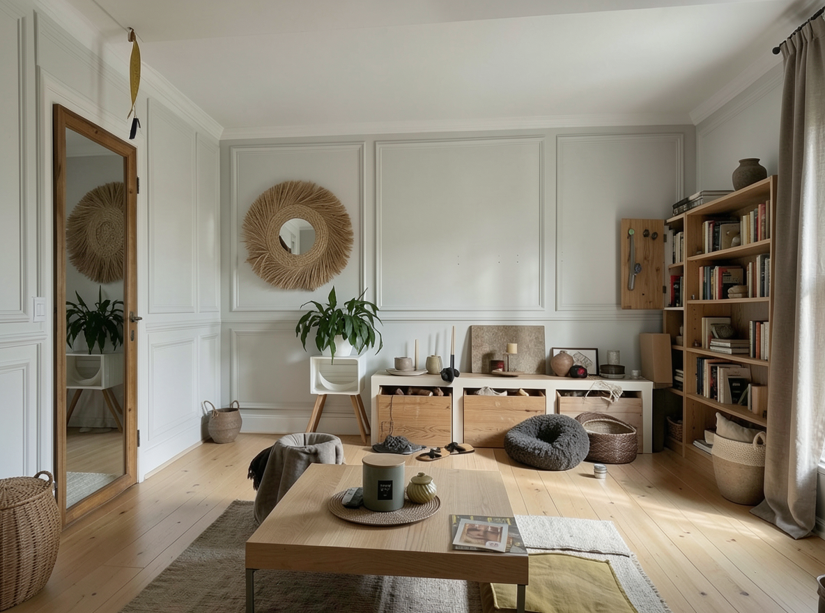 Main redesign studio: Redesign this room in a Japandi interior style: low natural-wood furniture, a muted earthy palette, handcrafted ceramics, linen textiles, soft diffuse