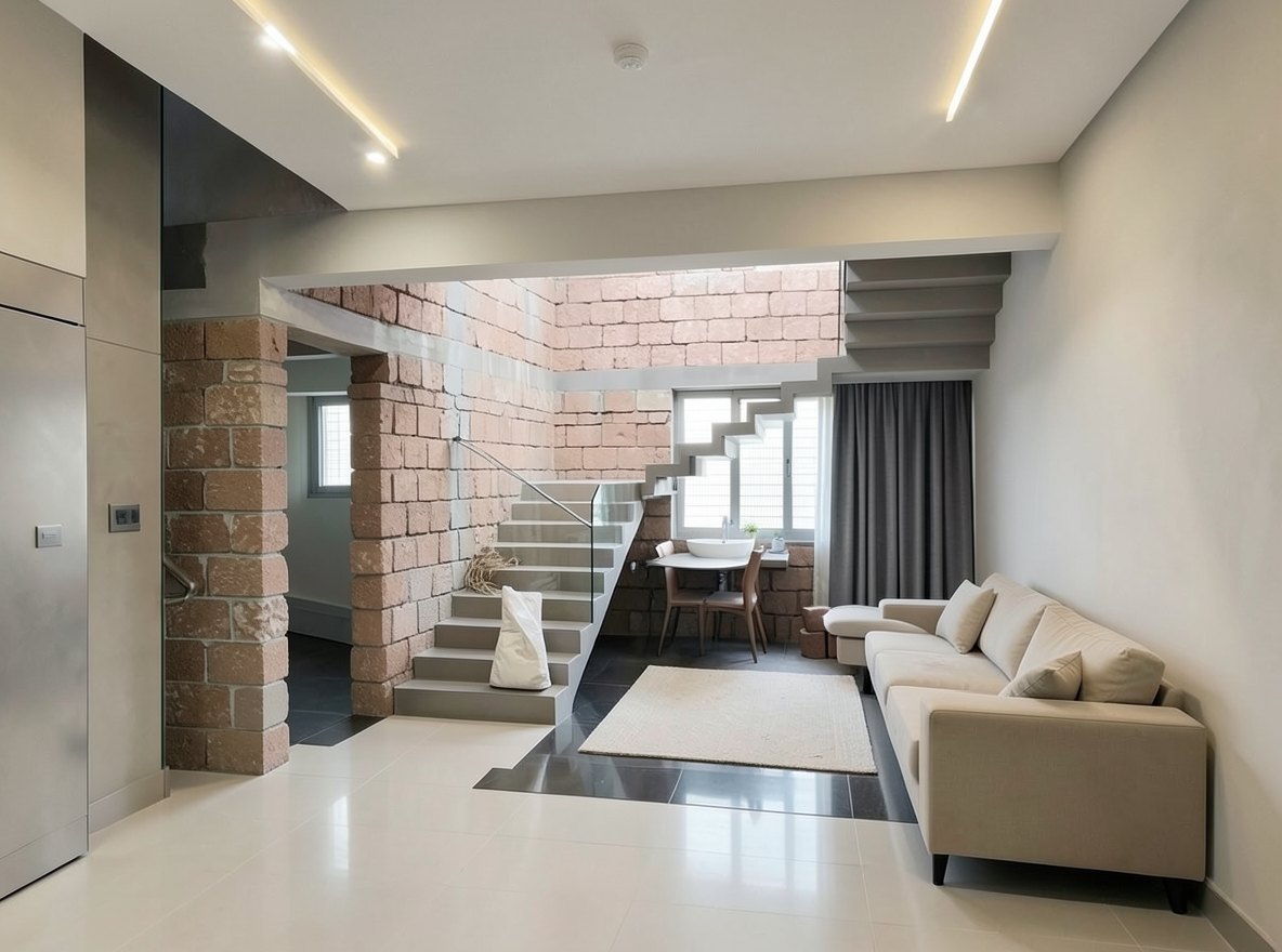 Main redesign studio: Redesign this room in a Modern interior style: clean lines, a neutral palette with bold accents, sleek low-profile furniture, glass and matte-metal su