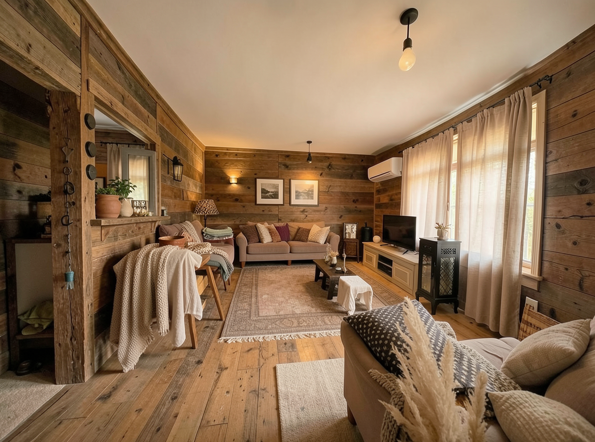 Main redesign studio: Redesign this room in a Farmhouse interior style: shiplap walls, warm reclaimed wood, matte-black fixtures, cozy neutral textiles, vintage accents, so