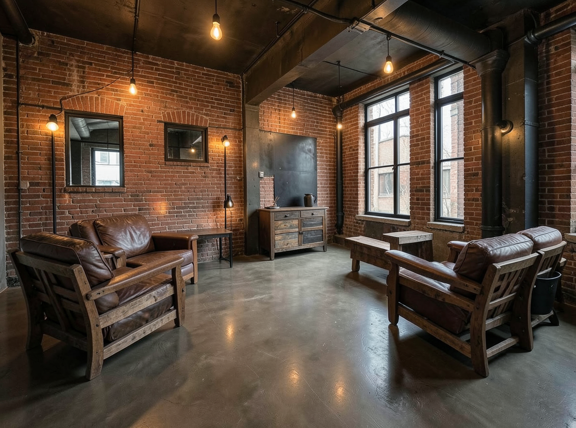 Main redesign studio: Redesign this room in a Industrial interior style: exposed-brick walls, black steel and reclaimed-wood furniture, polished concrete floor, leather acc