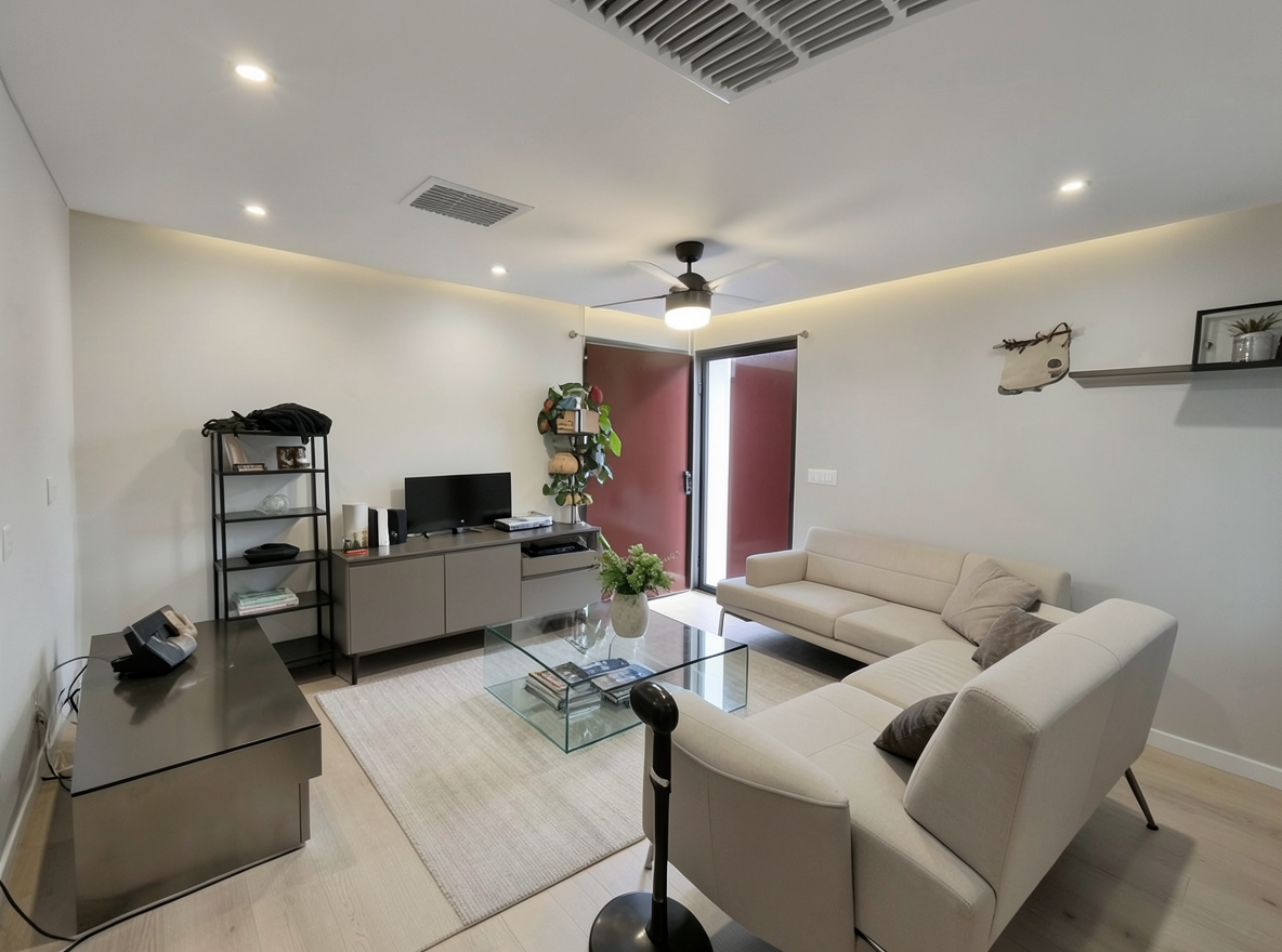 Main redesign studio: Redesign this room in a Modern interior style: clean lines, a neutral palette with bold accents, sleek low-profile furniture, glass and matte-metal su