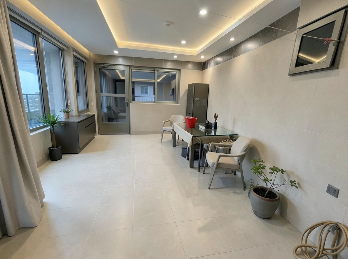 Main redesign studio: Redesign this room in a Modern interior style: clean lines, a neutral palette with bold accents, sleek low-profile furniture, glass and matte-metal su