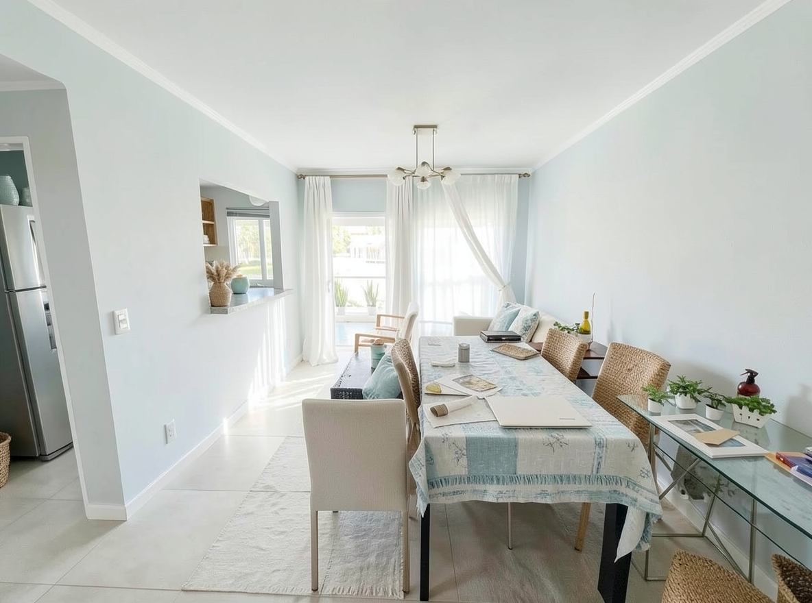 Main redesign studio: Redesign this room in a Coastal interior style: airy whites and soft-blue tones, weathered light wood, natural linen and woven textures, breezy sheer