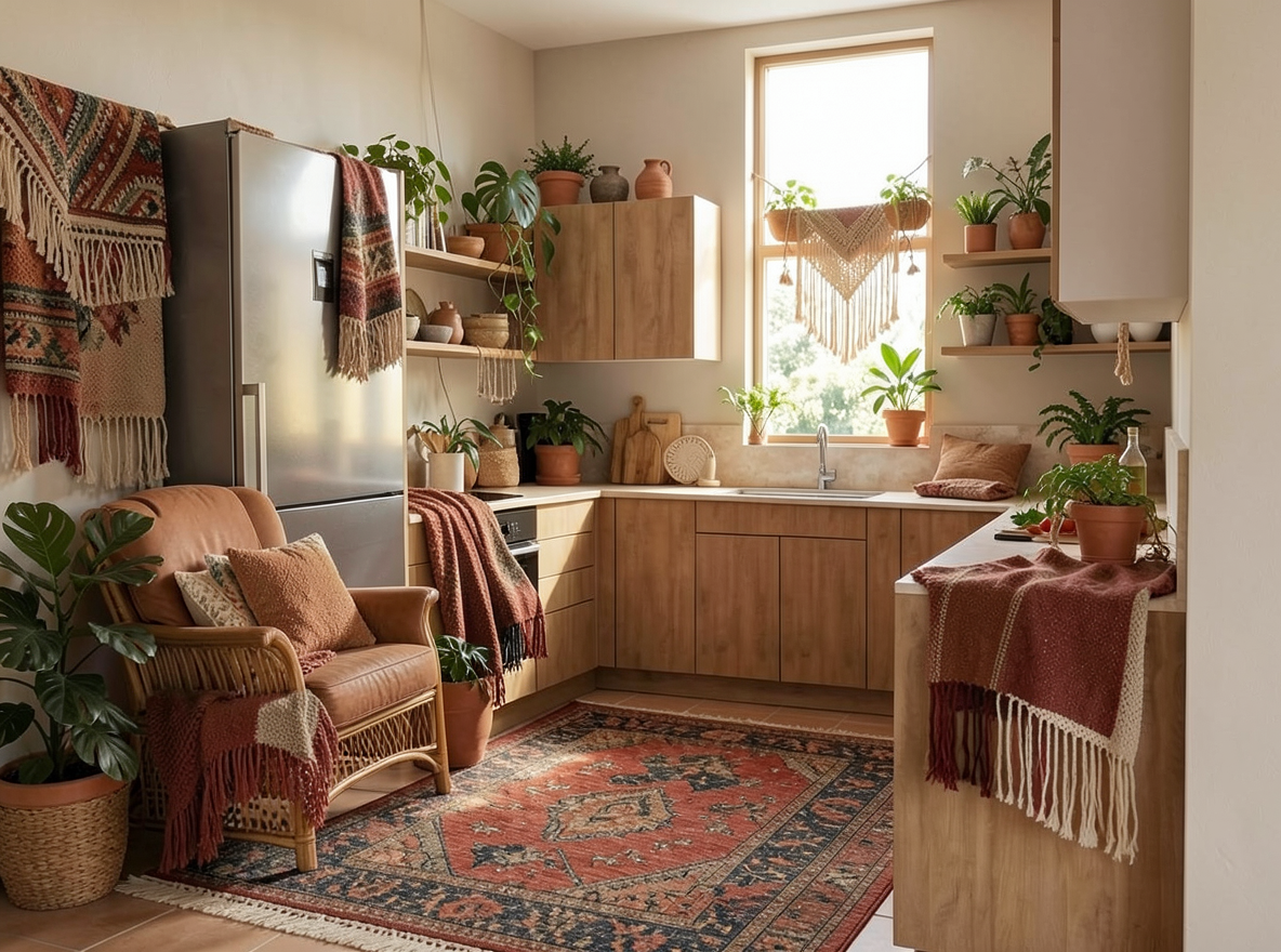 Main redesign studio: Redesign this room in a Boho interior style: layered patterned textiles, rattan and macramé, terracotta and warm earthy tones, abundant plants, vintag