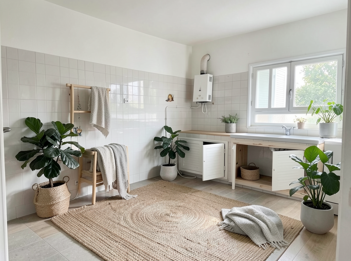 Main redesign studio: Redesign this room in a Scandinavian interior style: light oak wood, a white and soft-grey palette, wool and linen textiles, a woven jute rug, leafy p