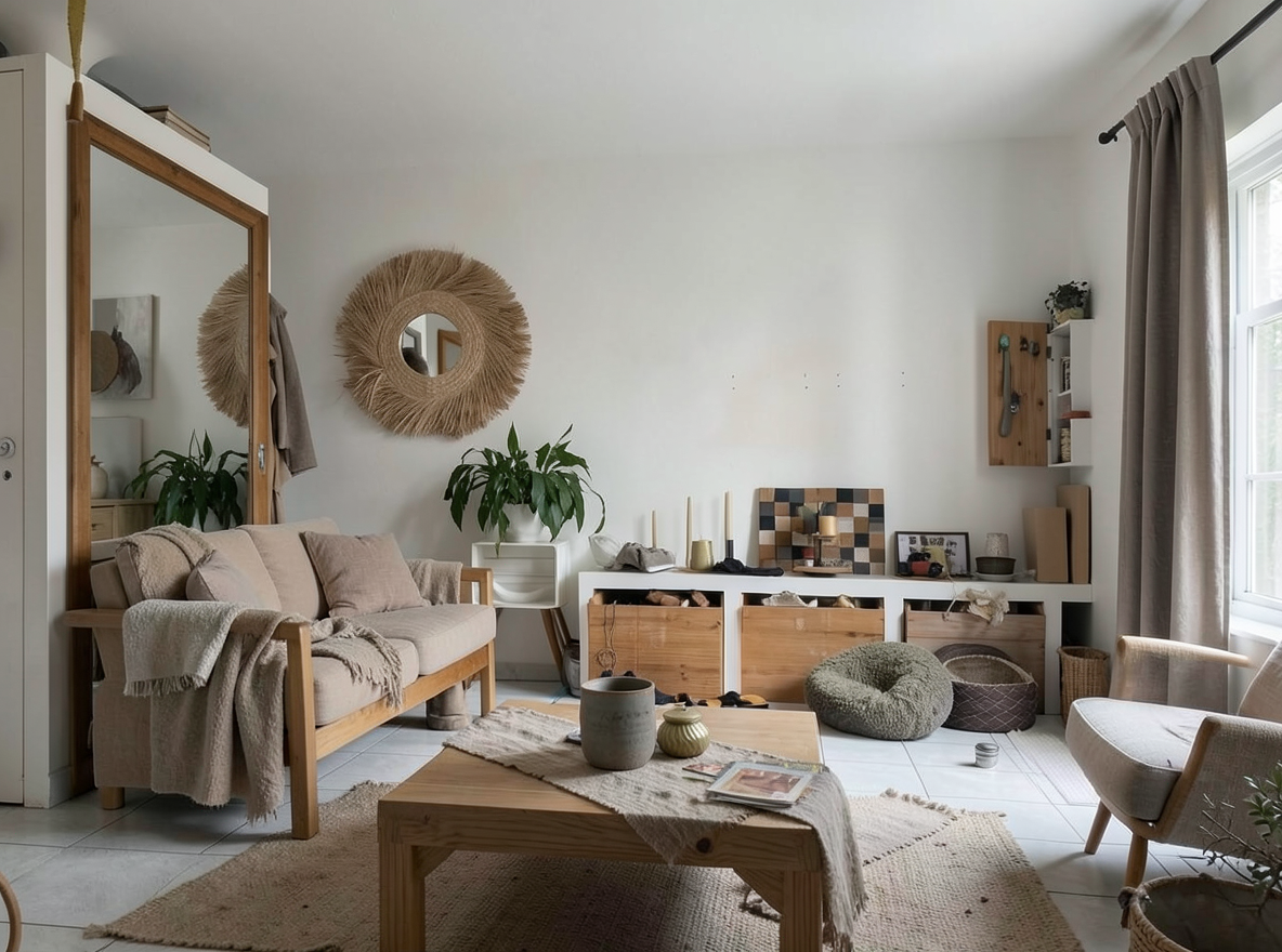 Main redesign studio: Redesign this room in a Japandi interior style: low natural-wood furniture, a muted earthy palette, handcrafted ceramics, linen textiles, soft diffuse