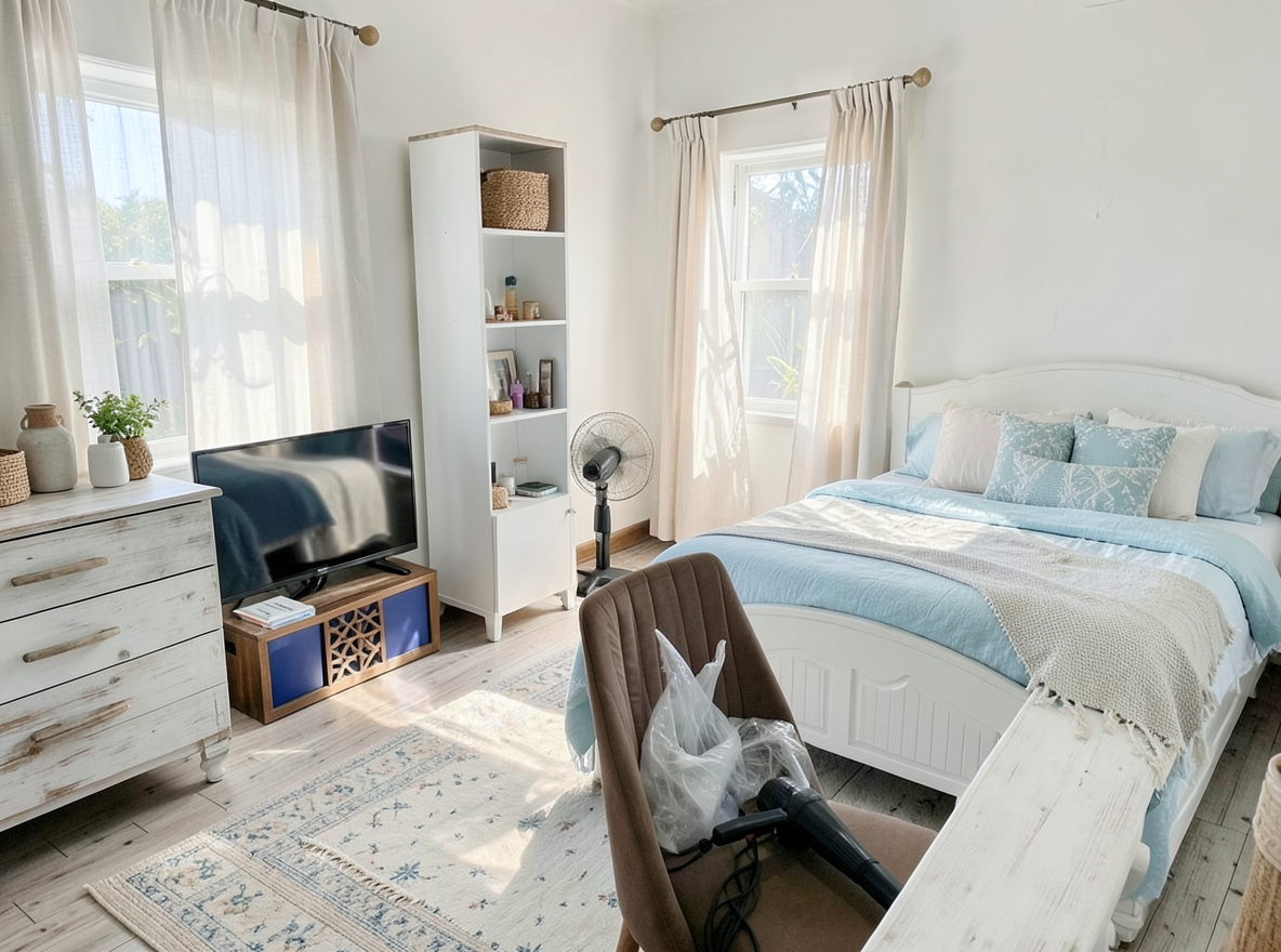 Main redesign studio: Redesign this room in a Coastal interior style: airy whites and soft-blue tones, weathered light wood, natural linen and woven textures, breezy sheer
