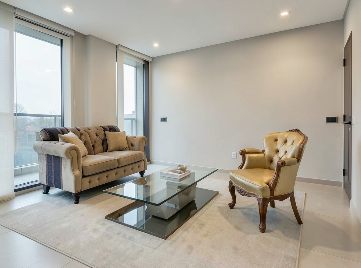 Main redesign studio: Redesign this room in a Modern interior style: clean lines, a neutral palette with bold accents, sleek low-profile furniture, glass and matte-metal su