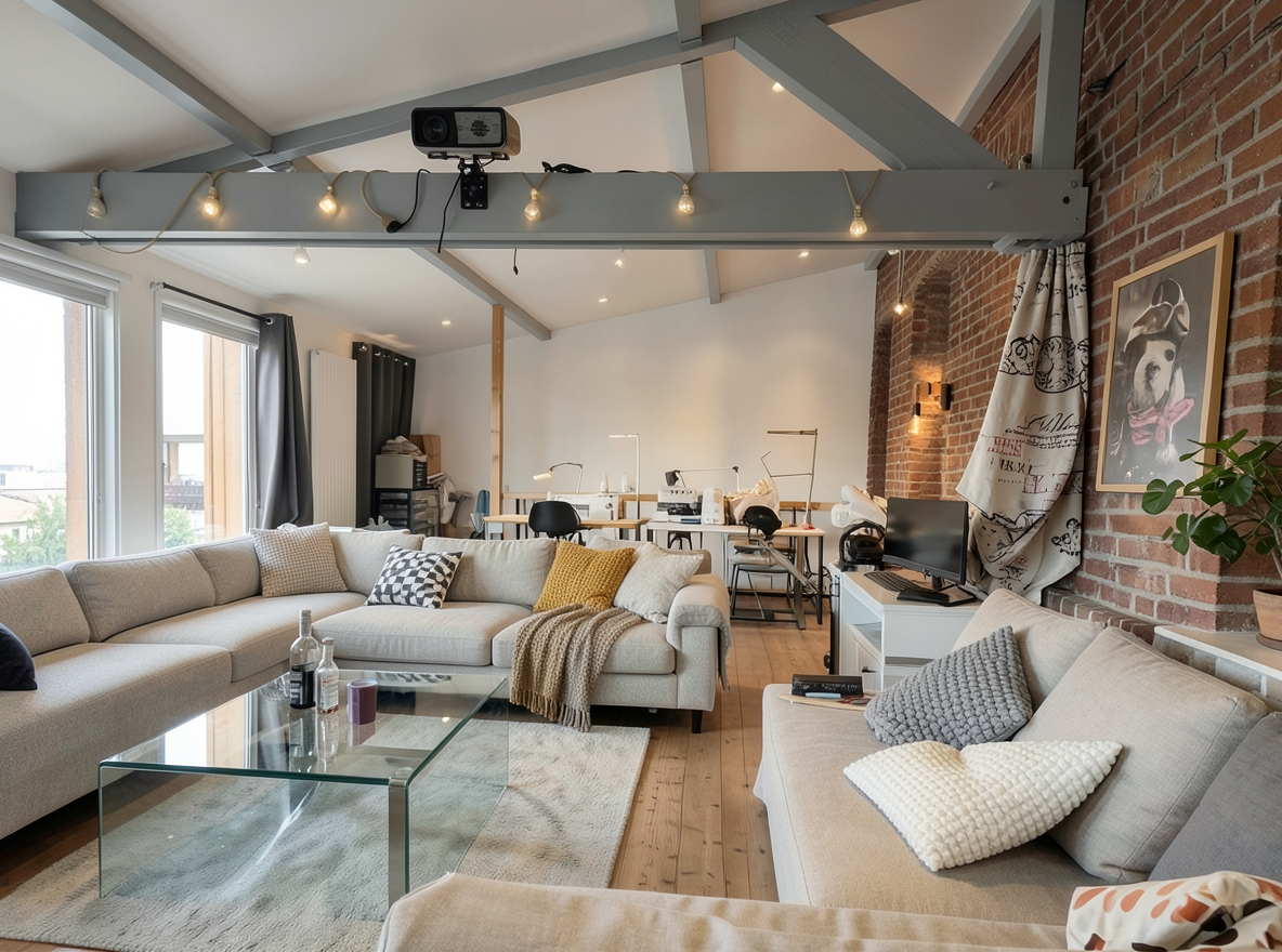 Main redesign studio: Redesign this room in a Modern interior style: clean lines, a neutral palette with bold accents, sleek low-profile furniture, glass and matte-metal su