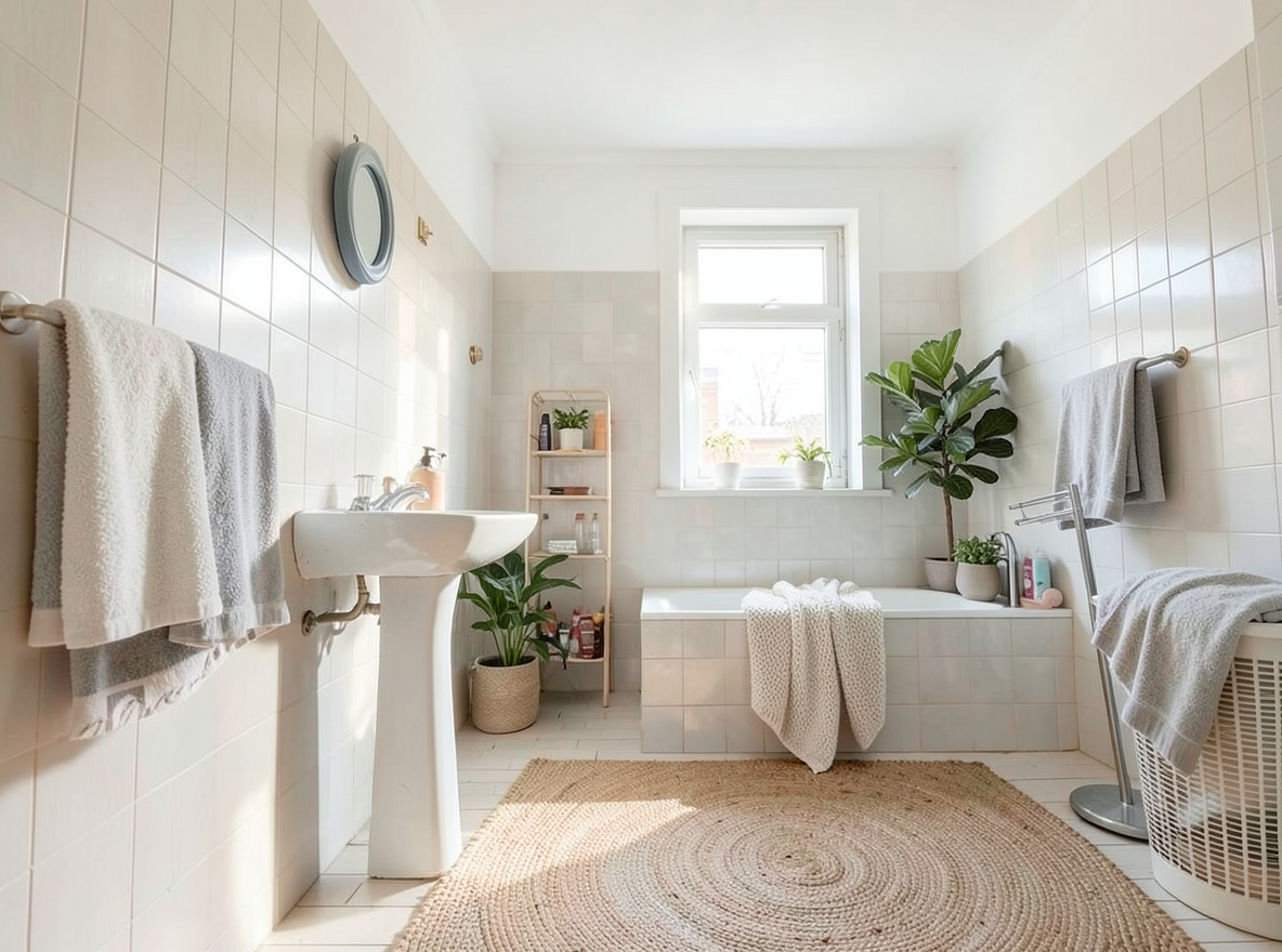 Main redesign studio: Redesign this room in a Scandinavian interior style: light oak wood, a white and soft-grey palette, wool and linen textiles, a woven jute rug, leafy p