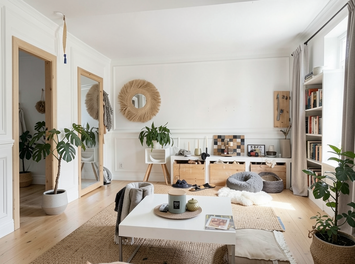 Main redesign studio: Redesign this room in a Scandinavian interior style: light oak wood, a white and soft-grey palette, wool and linen textiles, a woven jute rug, leafy p