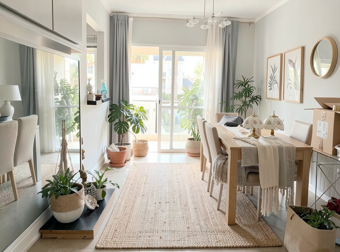 Main redesign studio: Redesign this room in a Scandinavian interior style: light oak wood, a white and soft-grey palette, wool and linen textiles, a woven jute rug, leafy p