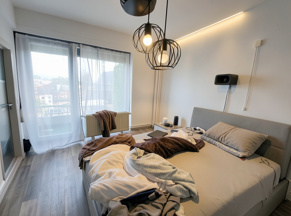 Main redesign studio: Redesign this room in a Modern interior style: clean lines, a neutral palette with bold accents, sleek low-profile furniture, glass and matte-metal su