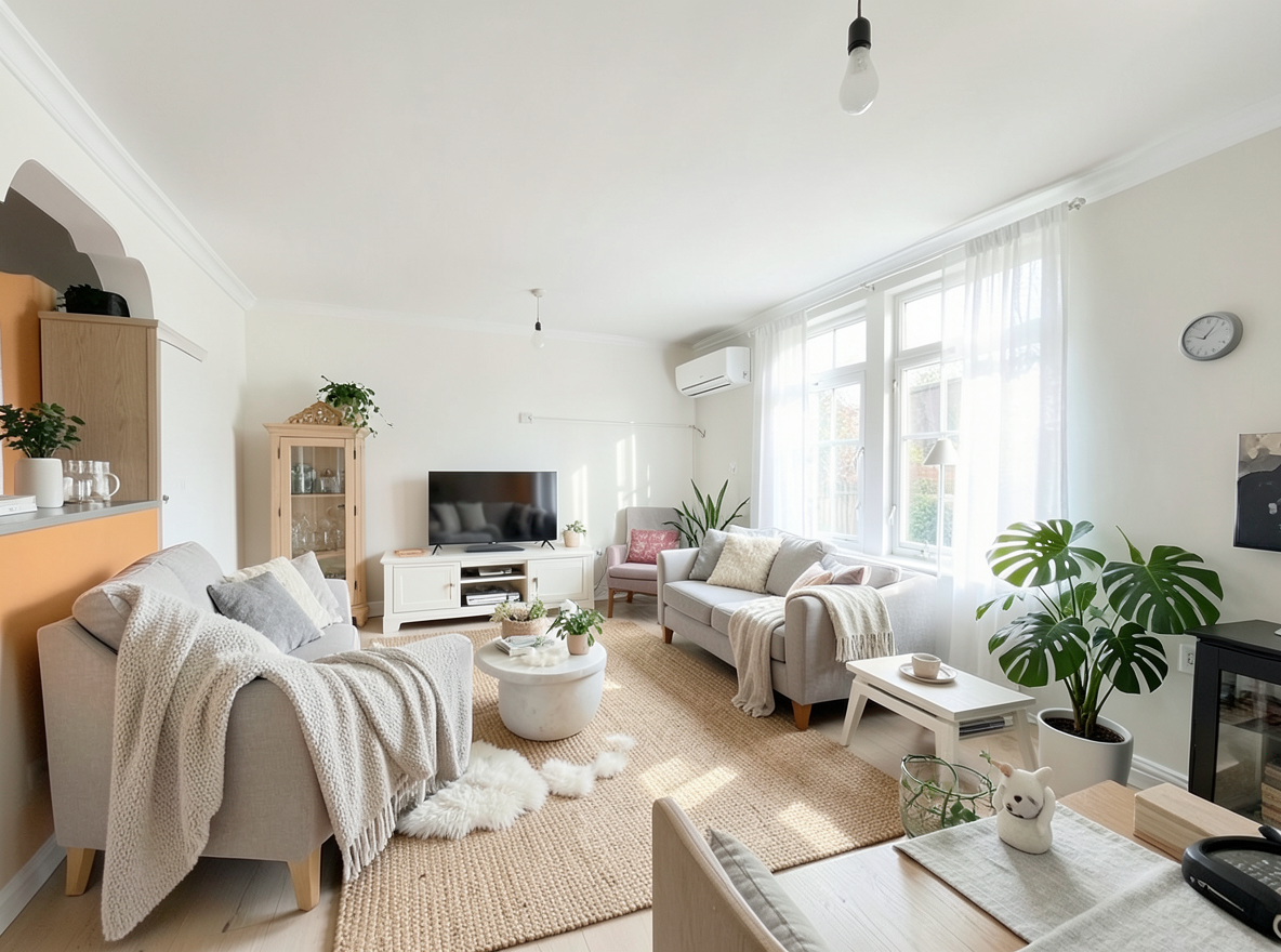 Main redesign studio: Redesign this room in a Scandinavian interior style: light oak wood, a white and soft-grey palette, wool and linen textiles, a woven jute rug, leafy p