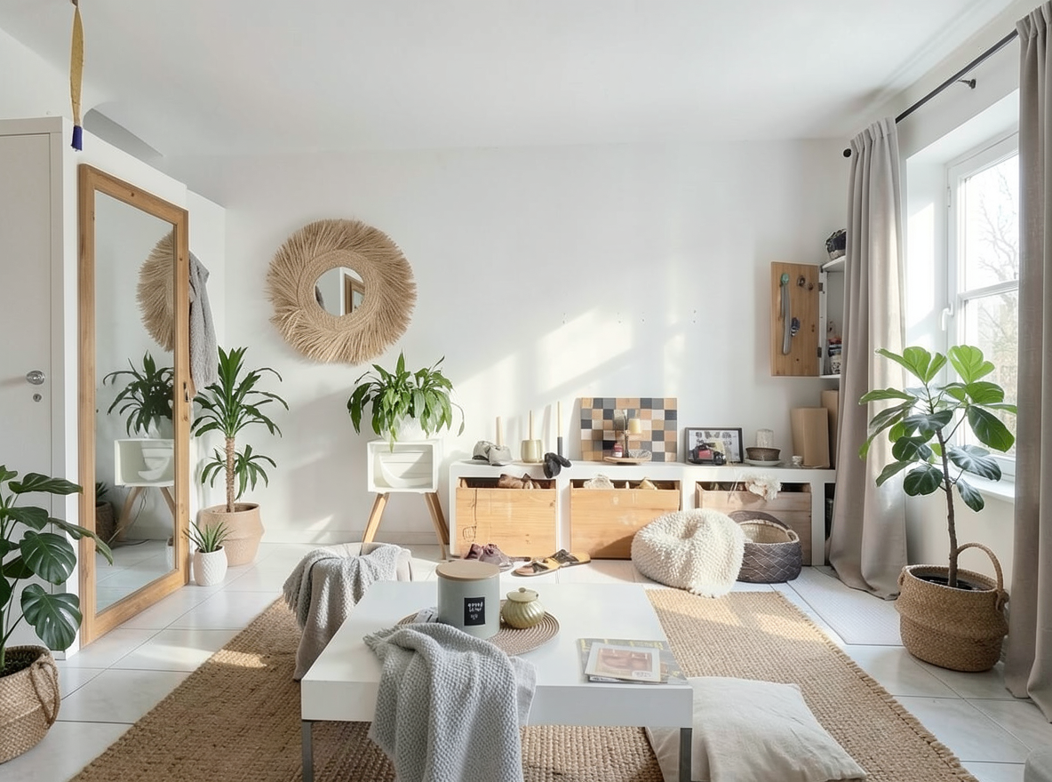 Main redesign studio: Redesign this room in a Scandinavian interior style: light oak wood, a white and soft-grey palette, wool and linen textiles, a woven jute rug, leafy p