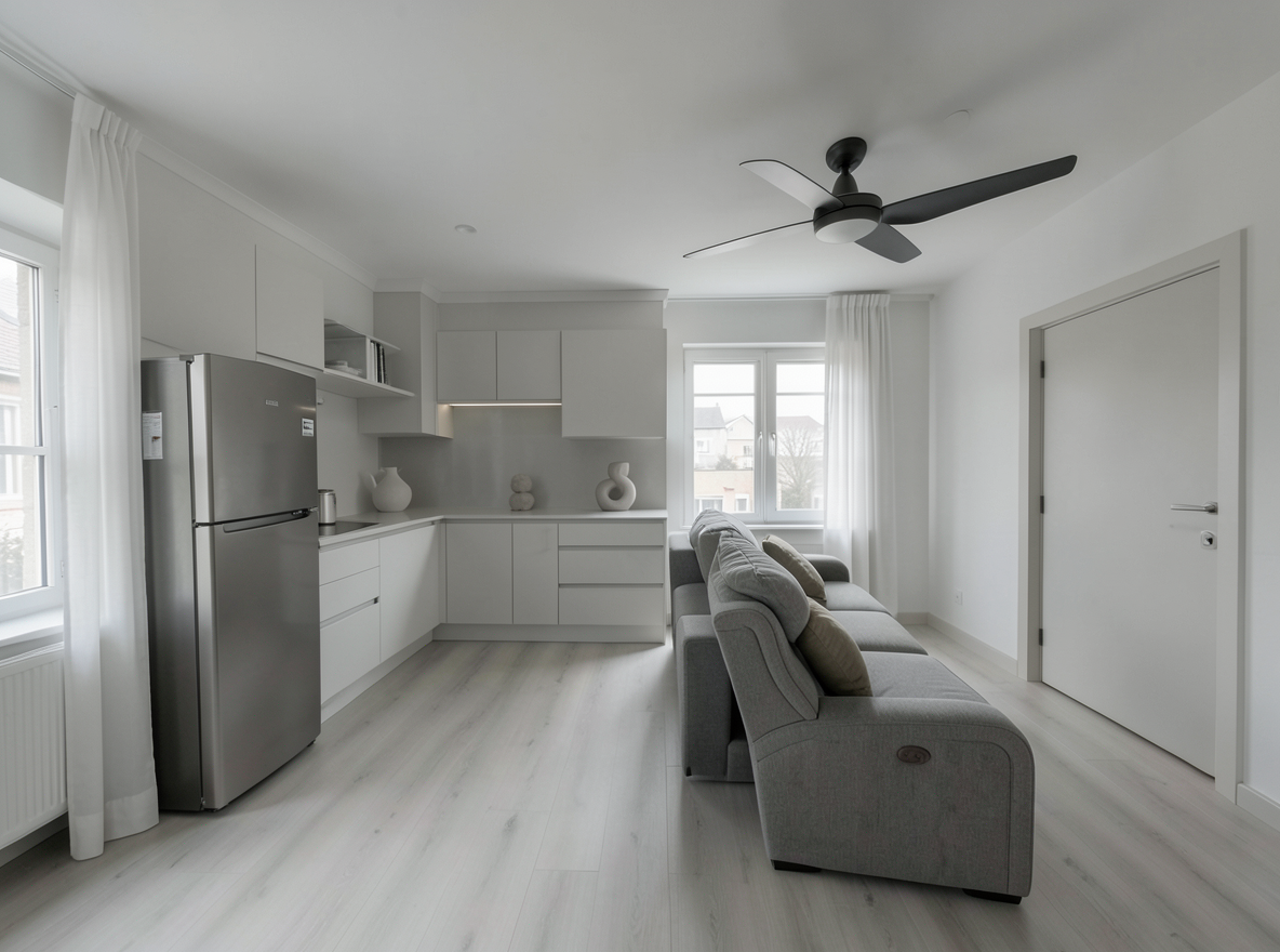 Main redesign studio: Redesign this room in a Minimalist interior style: an uncluttered space, a monochrome neutral palette, a few sculptural pieces, concealed storage, sof