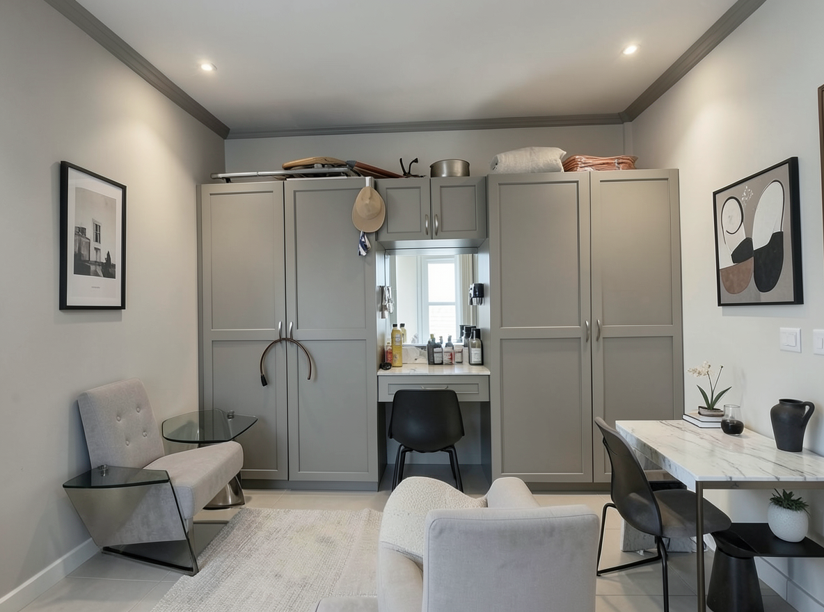 Main redesign studio: Redesign this room in a Modern interior style: clean lines, a neutral palette with bold accents, sleek low-profile furniture, glass and matte-metal su