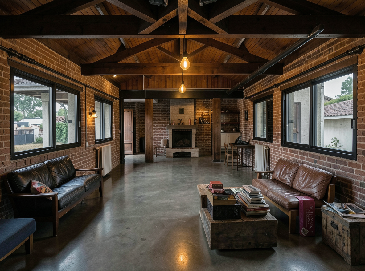 Main redesign studio: Redesign this room in a Industrial interior style: exposed-brick walls, black steel and reclaimed-wood furniture, polished concrete floor, leather acc