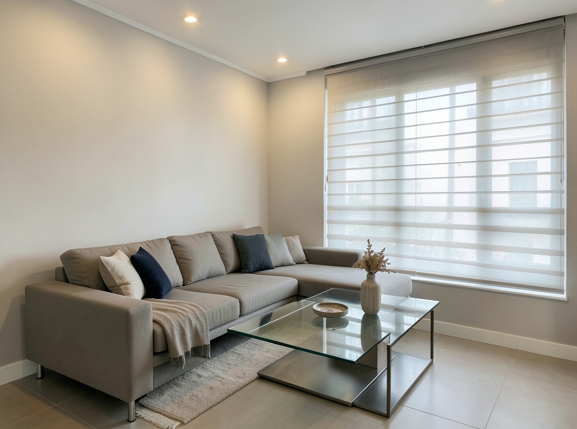Main redesign studio: Redesign this room in a Modern interior style: clean lines, a neutral palette with bold accents, sleek low-profile furniture, glass and matte-metal su
