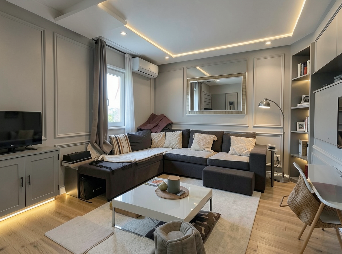 Main redesign studio: Redesign this room in a Modern interior style: clean lines, a neutral palette with bold accents, sleek low-profile furniture, glass and matte-metal su