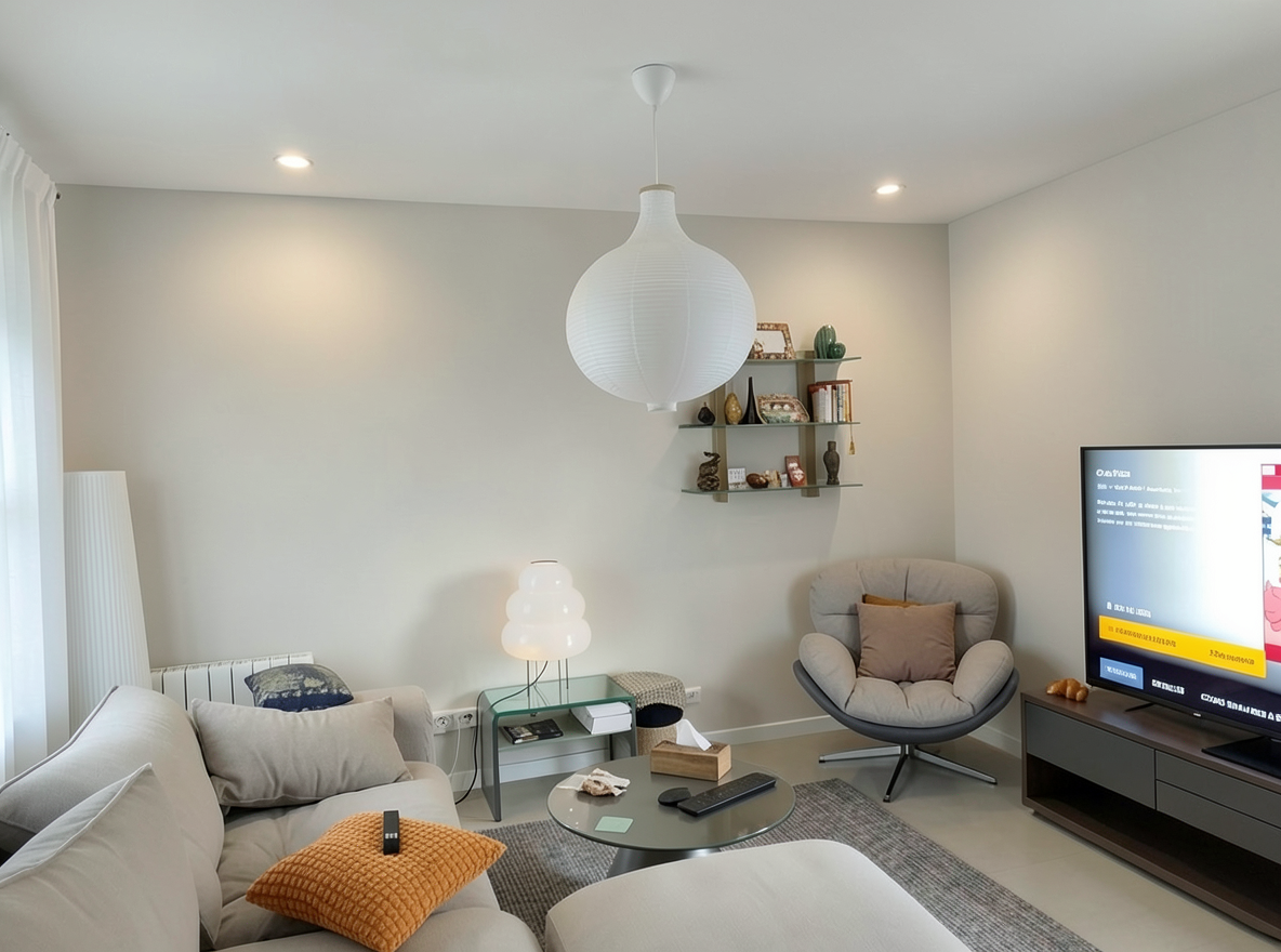 Main redesign studio: Redesign this room in a Modern interior style: clean lines, a neutral palette with bold accents, sleek low-profile furniture, glass and matte-metal su