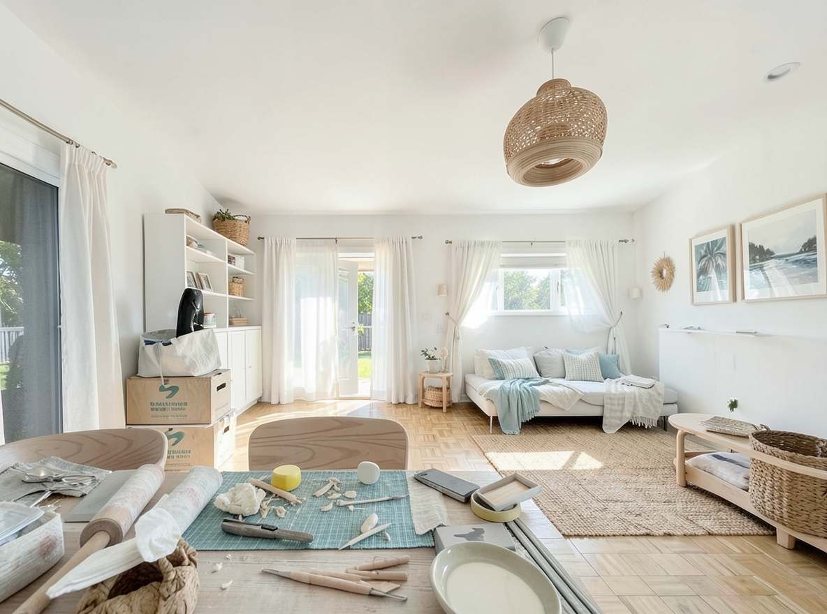 Main redesign studio: Redesign this room in a Coastal interior style: airy whites and soft-blue tones, weathered light wood, natural linen and woven textures, breezy sheer