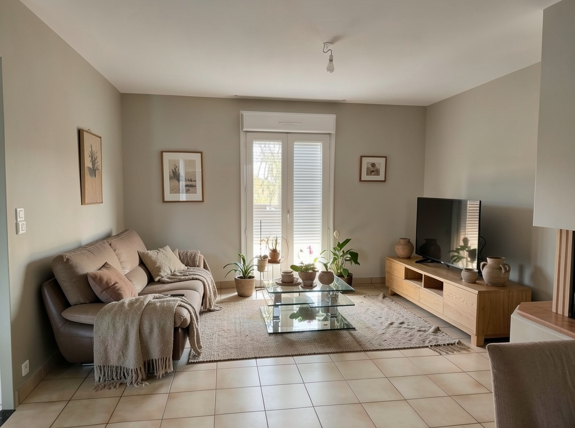 Main redesign studio: Redesign this room in a Japandi interior style: low natural-wood furniture, a muted earthy palette, handcrafted ceramics, linen textiles, soft diffuse