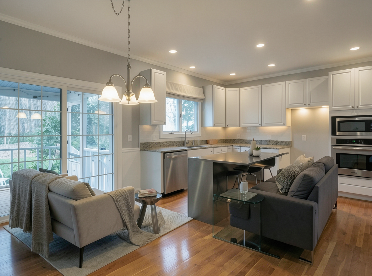 Main redesign studio: Redesign this room in a Modern interior style: clean lines, a neutral palette with bold accents, sleek low-profile furniture, glass and matte-metal su