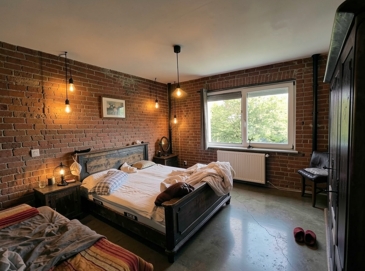 Main redesign studio: Redesign this room in a Industrial interior style: exposed-brick walls, black steel and reclaimed-wood furniture, polished concrete floor, leather acc