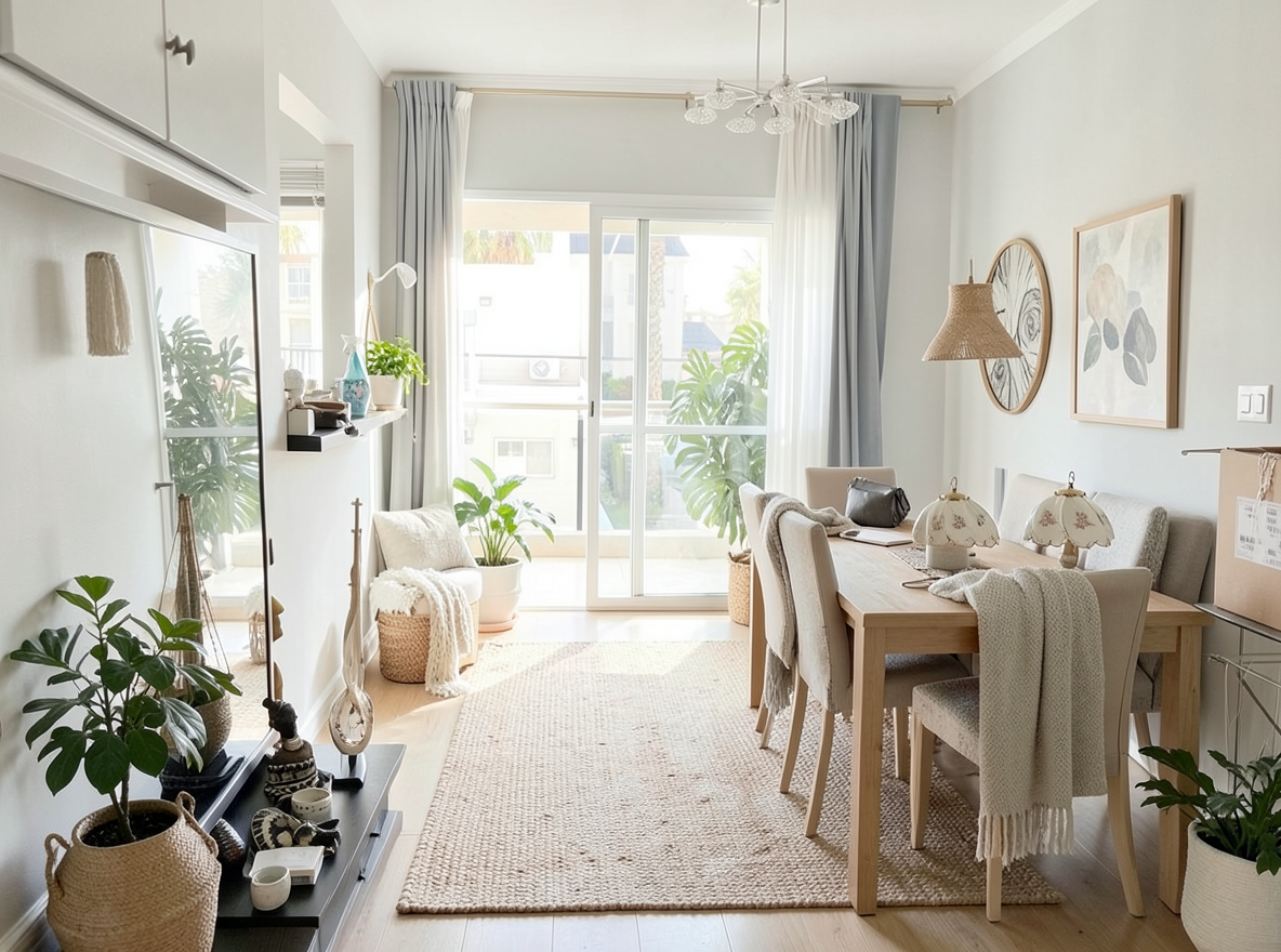 Main redesign studio: Redesign this room in a Scandinavian interior style: light oak wood, a white and soft-grey palette, wool and linen textiles, a woven jute rug, leafy p