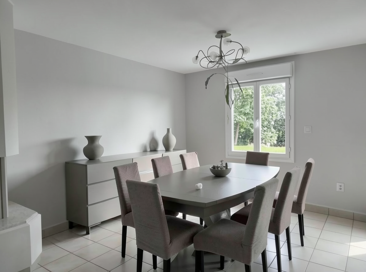 Main redesign studio: Redesign this room in a Minimalist interior style: an uncluttered space, a monochrome neutral palette, a few sculptural pieces, concealed storage, sof