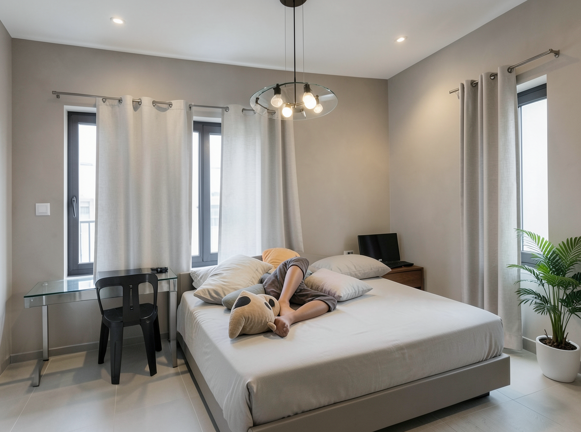 Main redesign studio: Redesign this room in a Modern interior style: clean lines, a neutral palette with bold accents, sleek low-profile furniture, glass and matte-metal su
