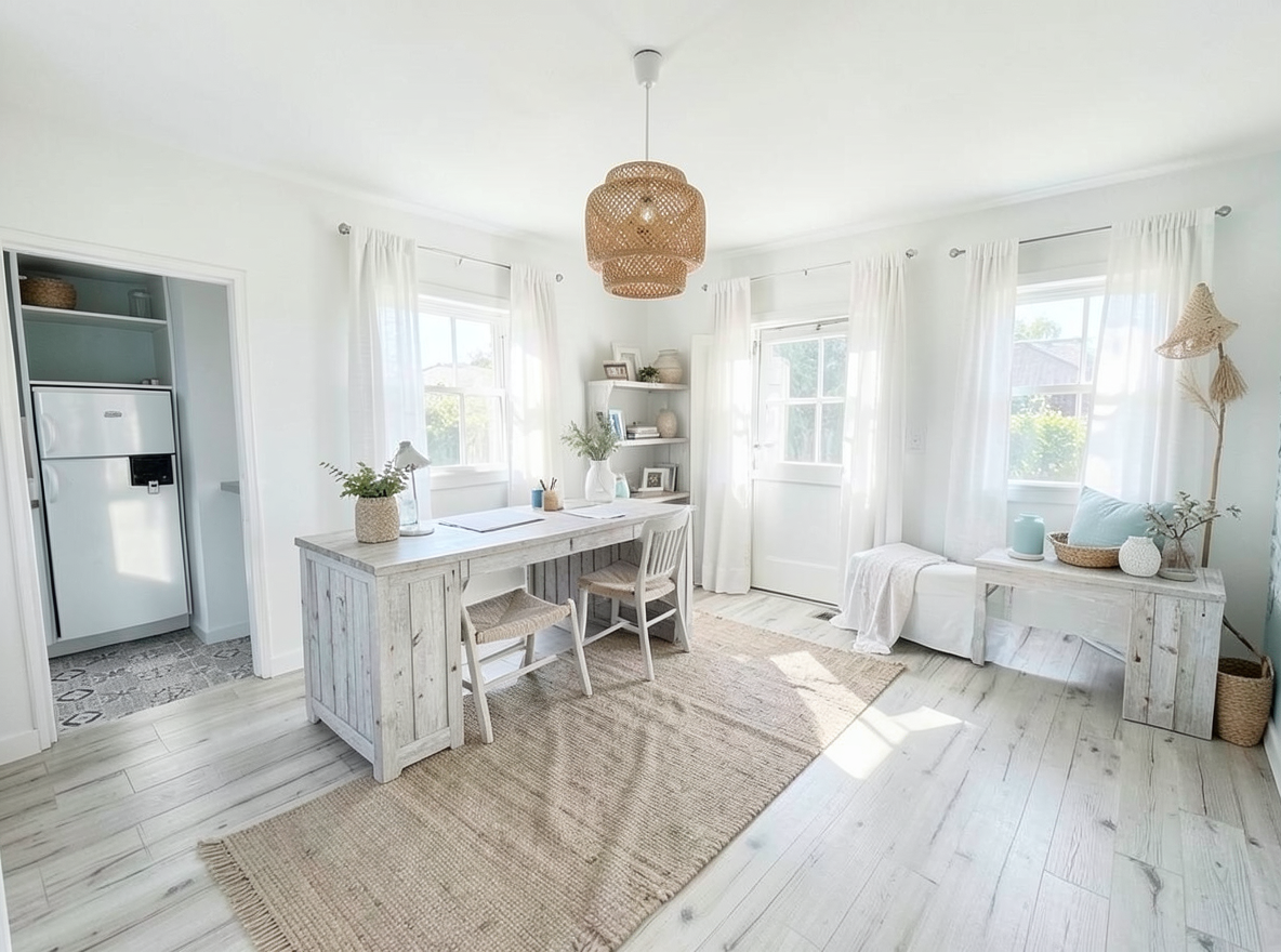 Main redesign studio: Redesign this room in a Coastal interior style: airy whites and soft-blue tones, weathered light wood, natural linen and woven textures, breezy sheer