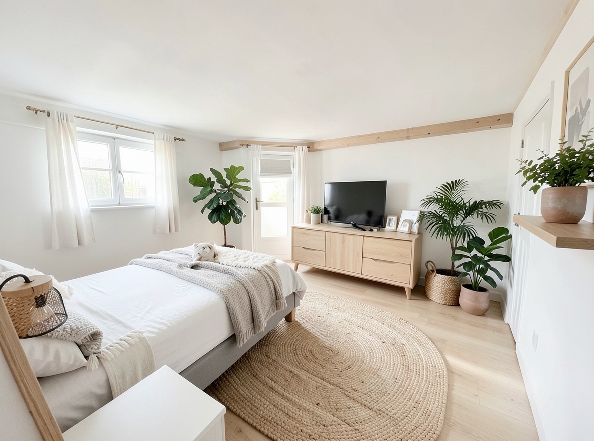 Main redesign studio: Redesign this room in a Scandinavian interior style: light oak wood, a white and soft-grey palette, wool and linen textiles, a woven jute rug, leafy p
