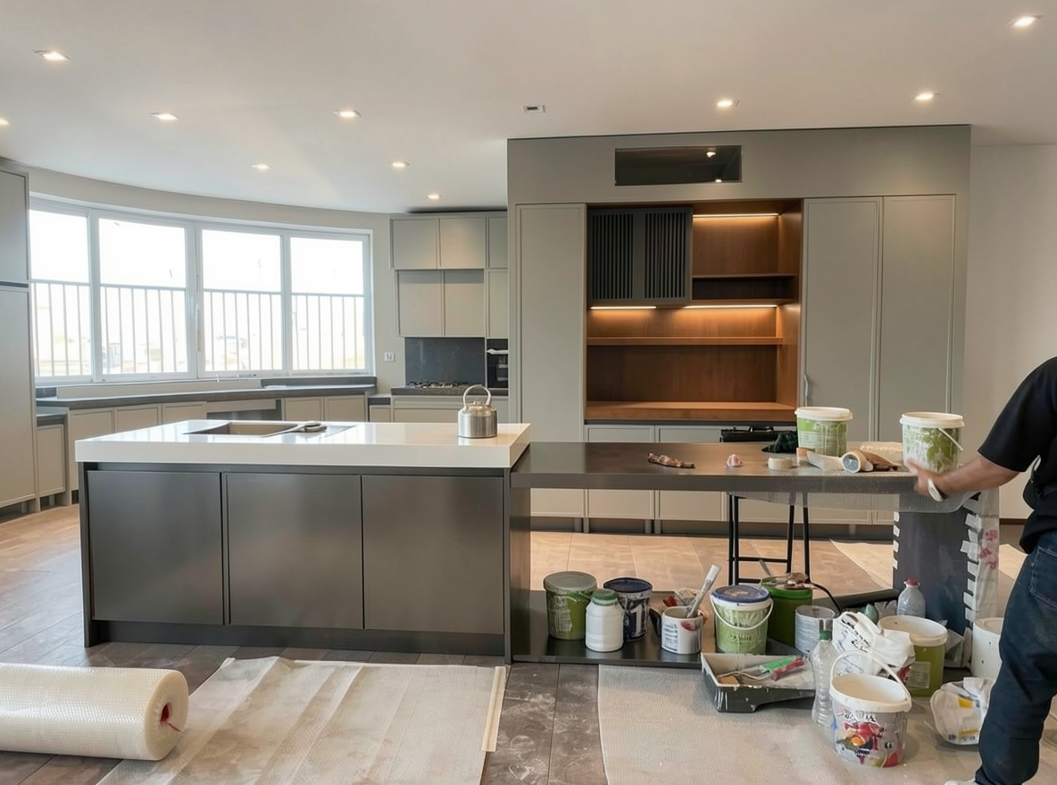 Main redesign studio: Redesign this room in a Modern interior style: clean lines, a neutral palette with bold accents, sleek low-profile furniture, glass and matte-metal su