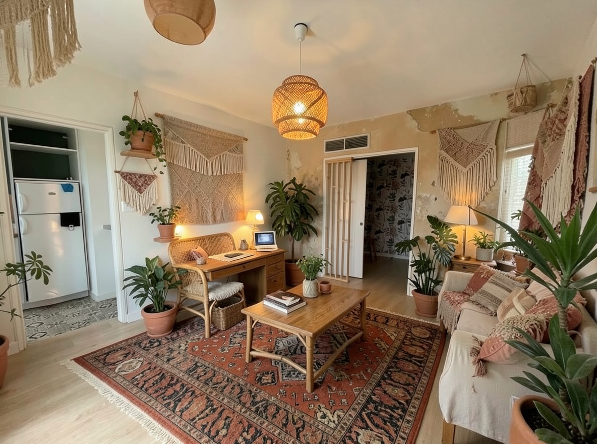 Main redesign studio: Redesign this room in a Boho interior style: layered patterned textiles, rattan and macramé, terracotta and warm earthy tones, abundant plants, vintag
