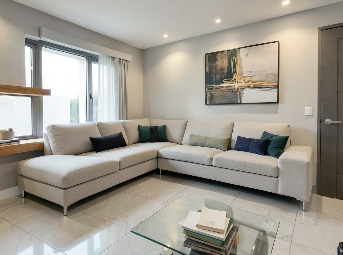 Main redesign studio: Redesign this room in a Modern interior style: clean lines, a neutral palette with bold accents, sleek low-profile furniture, glass and matte-metal su