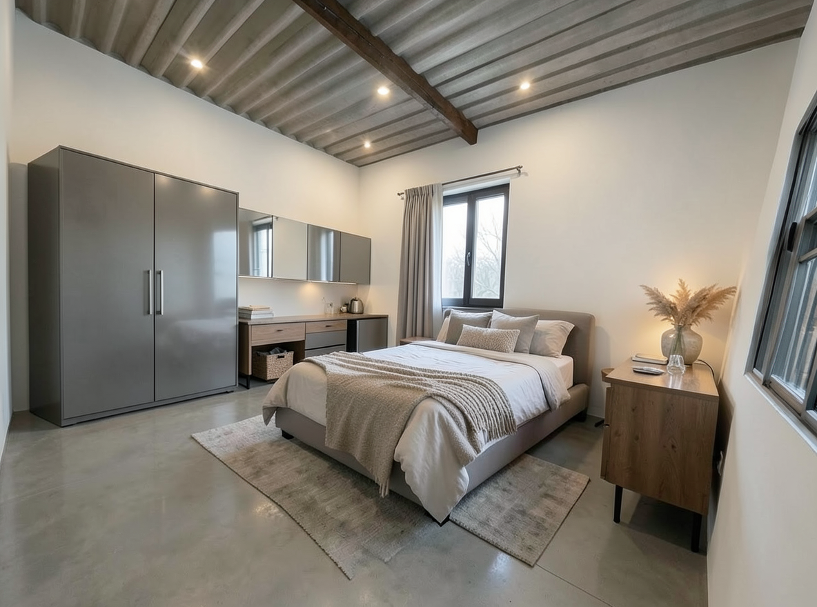 Main redesign studio: Redesign this room in a Modern interior style: clean lines, a neutral palette with bold accents, sleek low-profile furniture, glass and matte-metal su