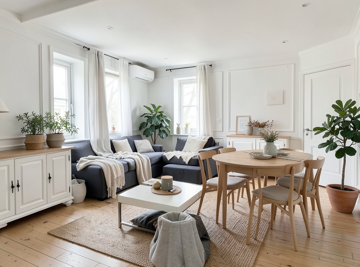 Main redesign studio: Redesign this room in a Scandinavian interior style: light oak wood, a white and soft-grey palette, wool and linen textiles, a woven jute rug, leafy p