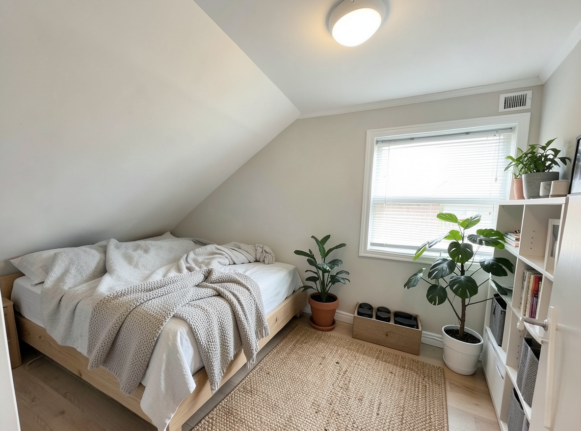 Main redesign studio: Redesign this room in a Scandinavian interior style: light oak wood, a white and soft-grey palette, wool and linen textiles, a woven jute rug, leafy p