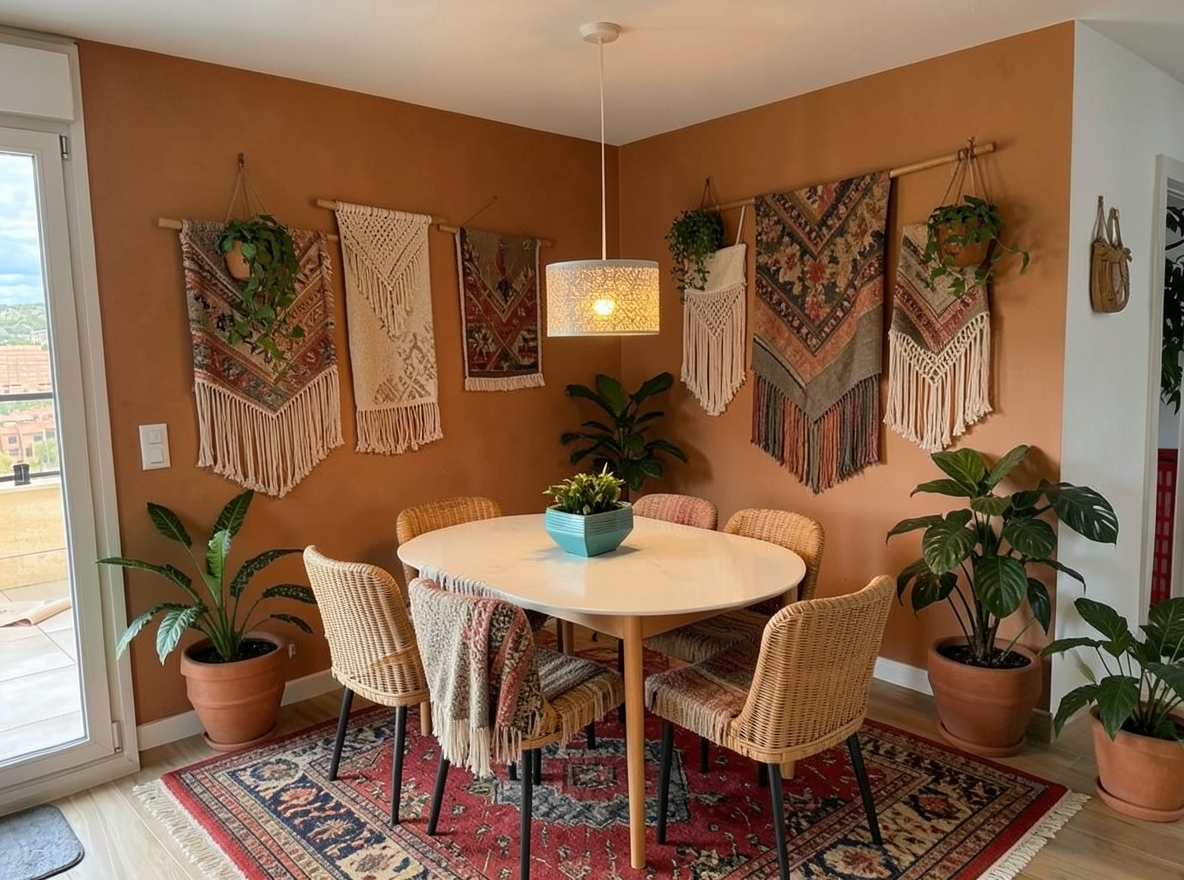 Main redesign studio: Redesign this room in a Boho interior style: layered patterned textiles, rattan and macramé, terracotta and warm earthy tones, abundant plants, vintag