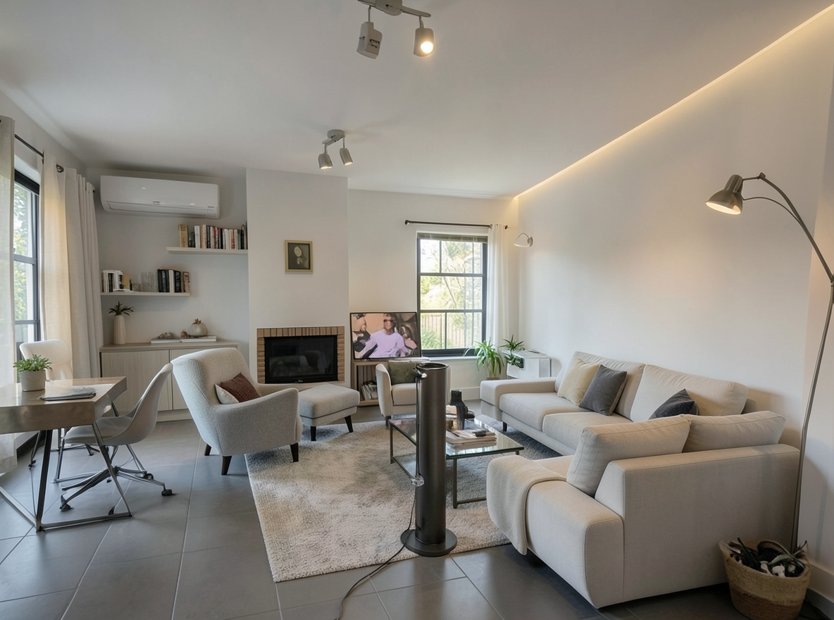 Main redesign studio: Redesign this room in a Modern interior style: clean lines, a neutral palette with bold accents, sleek low-profile furniture, glass and matte-metal su