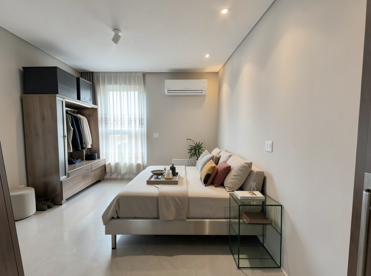 Main redesign studio: Redesign this room in a Modern interior style: clean lines, a neutral palette with bold accents, sleek low-profile furniture, glass and matte-metal su