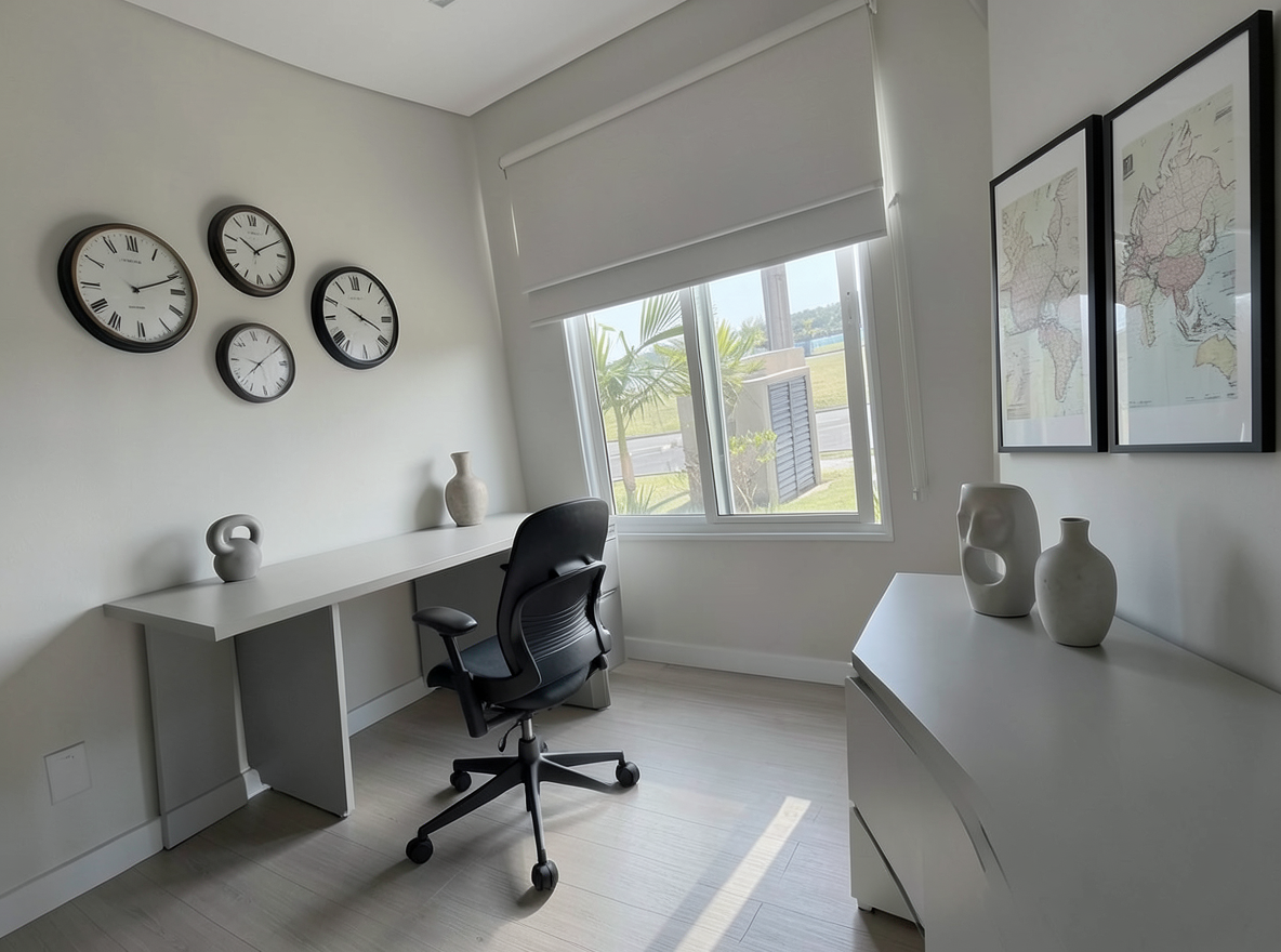 Main redesign studio: Redesign this room in a Minimalist interior style: an uncluttered space, a monochrome neutral palette, a few sculptural pieces, concealed storage, sof