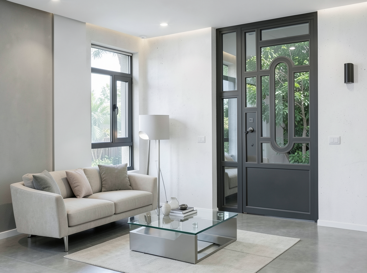 Main redesign studio: Redesign this room in a Modern interior style: clean lines, a neutral palette with bold accents, sleek low-profile furniture, glass and matte-metal su