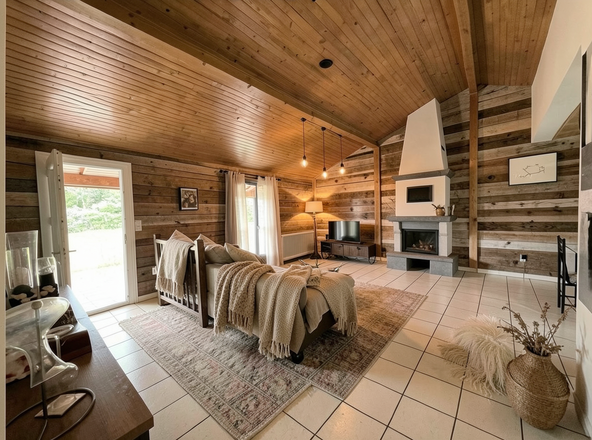 Main redesign studio: Redesign this room in a Farmhouse interior style: shiplap walls, warm reclaimed wood, matte-black fixtures, cozy neutral textiles, vintage accents, so
