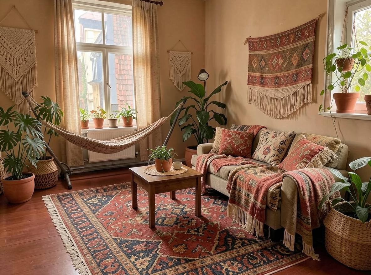 Main redesign studio: Redesign this room in a Boho interior style: layered patterned textiles, rattan and macramé, terracotta and warm earthy tones, abundant plants, vintag